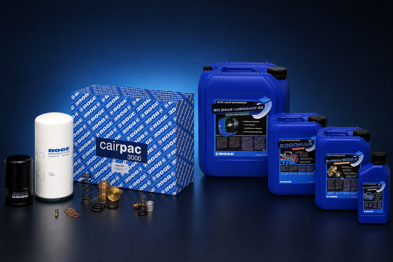 Repuestos originales BOGE, kit Cairpac 3000 y lubricantes